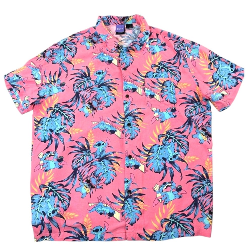 Disney Lilo & Stitch Hawaiian Shirt Mens XXL Pink Tropical Button Up Rayon Aloha